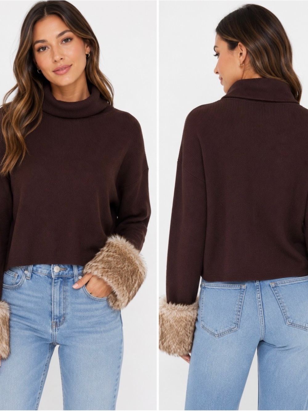 WAYF Ribbed Turtleneck Sweater Faux Fur Cuff Sleeves Brown Size Large
